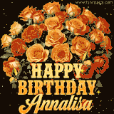 Animated bouquet of orange roses with moving butterfles and golden 'Happy Birthday Annalisa' text, surrounded by sparkling accents and a dark backdrop for a luxurious feel.
