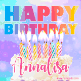 A vibrant animated name GIF with the words 'Happy Birthday Annalisa' with colorful candles on a creamy cake. The background sparkles with pastel shades, adding a festive touch.