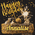 Celebrate Annalise's birthday with a GIF featuring chocolate cake, a lit sparkler, and golden stars