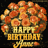 Animated bouquet of orange roses with moving butterfles and golden 'Happy Birthday Anne' text, surrounded by sparkling accents and a dark backdrop for a luxurious feel.