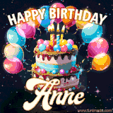 Bright birthday animation for Anne with a chocolate cake, candles, balloons, and glowing celebratory lights.