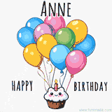 An adorable and cute cupcake with a smiley face and moving colorful balloons create a joyful birthday greeting for Anne in this cheerful animated greeting E-card.