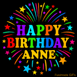 Personalized greeting card with name, colorful text that says 'Happy Birthday Anne' surrounded by animated fireworks and multicolor stars