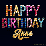 Vibrant luxury birthday greeting card for Anne, showing glittering gemstone letters and golden calligraphy on a dark background with twinkling shine effects.