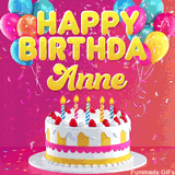 Pink-themed animated greeting with balloons, confetti, and a frosted cake under the message 'Happy Birthday Anne' in bold rounded yellow font.