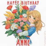 Bright floral birthday animation for Anne showing a cute cartoon girl with golden hair and expressive eyes holding a huge bouquet, surrounded by birthday text.