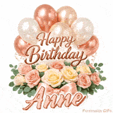 A bouquet of pastel roses and green leaves with Happy Birthday Anne animation