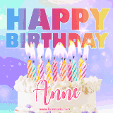 A vibrant animated name GIF with the words 'Happy Birthday Anne' with colorful candles on a creamy cake. The background sparkles with pastel shades, adding a festive touch.