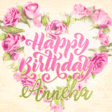 A stunning heart made of pink roses surrounds the elegant script text 'Happy Birthday Anneka' on a soft beige background. Animated sparkles add a magical and festive feel.