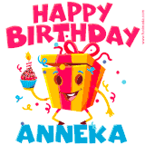 A vibrant and funny gift box character with a happy face dancing with a cupcake and the text 'Happy Birthday Anneka,' surrounded by animated confetti and party vibes.