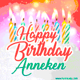 Bright birthday candles with rainbow flames on a cake, alongside the text 'Happy Birthday Anneken' in vibrant script in this celebratory animated GIF.