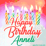 Bright birthday candles with rainbow flames on a cake, alongside the text 'Happy Birthday Anneli' in vibrant script in this celebratory animated GIF.