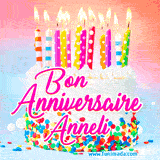 A white birthday cake covered in colorful sprinkles, topped with bright candles, and French text 'Bon Anniversaire Anneli' on a pastel gradient background in an animated GIF.