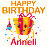 A vibrant and funny gift box character with a happy face dancing with a cupcake and the text 'Happy Birthday Anneli,' surrounded by animated confetti and party vibes.