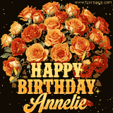 Animated bouquet of orange roses with moving butterfles and golden 'Happy Birthday Annelie' text, surrounded by sparkling accents and a dark backdrop for a luxurious feel.