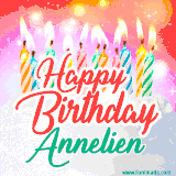 Bright birthday candles with rainbow flames on a cake, alongside the text 'Happy Birthday Annelien' in vibrant script in this celebratory animated GIF.