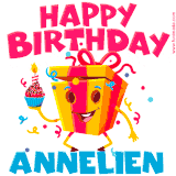A vibrant and funny gift box character with a happy face dancing with a cupcake and the text 'Happy Birthday Annelien,' surrounded by animated confetti and party vibes.