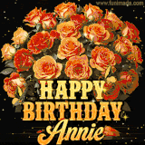 Animated bouquet of orange roses with moving butterfles and golden 'Happy Birthday Annie' text, surrounded by sparkling accents and a dark backdrop for a luxurious feel.