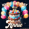 Hand-drawn happy birthday cake adorned with an arch of colorful balloons - name GIF for Annie