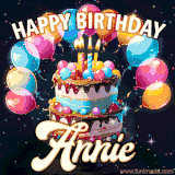 Bright birthday animation for Annie with a chocolate cake, candles, balloons, and glowing celebratory lights.