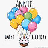 An adorable and cute cupcake with a smiley face and moving colorful balloons create a joyful birthday greeting for Annie in this cheerful animated greeting E-card.