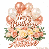 Floral Happy Birthday Annie GIF featuring blooming roses and floating balloons