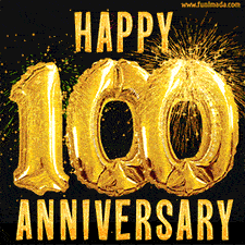 Bright golden balloons shaped like '100' with dazzling fireworks and 'Happy Anniversary' text shining on a black background.
