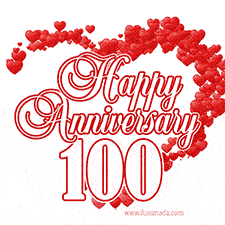 A heart-shaped design made of red hearts surrounds the elegant text 'Happy Anniversary' with the bold number '100' below.