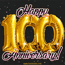 100' in golden balloon numbers and 'Happy Anniversary!' written in bold cursive, set on a shimmering starry black background.