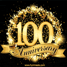 Shimmering '100 Anniversary' in gold, encased in a radiant confetti circle with a golden ribbon accent at the bottom.