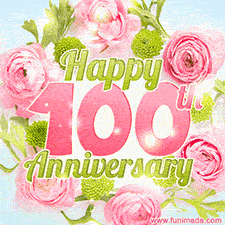 A gorgeous floral-themed 'Happy 100th Anniversary' with pink roses and green blossoms, surrounded by soft pastel accents, bringing elegance and joy.