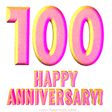 Sophisticated pink and gold '100 Happy Anniversary' text in a polished 3D look, crafted to highlight a significant milestone.