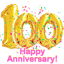 Sparkling gold balloons forming the number 100 with a burst of multicolored confetti and vibrant pink 'Happy Anniversary' text.