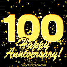 Large yellow '100' surrounded by shimmering gold stars and the celebratory message 'Happy Anniversary!' below in cursive.