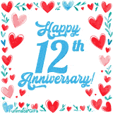 Animated 'Happy 12th Anniversary!' message in large blue text surrounded by a hand-drawn border of red, pink, and blue hearts on a white background.