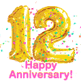 Happy Anniversary! Gold Number 12 Balloons and Confetti GIF.