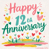 Vibrant animated greeting with pastel hearts and playful flowers under a bright 'Happy 12th Anniversary' message.
