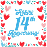 Animated 'Happy 14th Anniversary!' message in large blue text surrounded by a hand-drawn border of red, pink, and blue hearts on a white background.