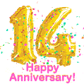 Happy Anniversary! Gold Number 14 Balloons and Confetti GIF.