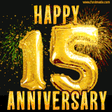 Bright golden balloons shaped like '15' with dazzling fireworks and 'Happy Anniversary' text shining on a black background.