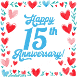 Animated 'Happy 15th Anniversary!' message in large blue text surrounded by a hand-drawn border of red, pink, and blue hearts on a white background.