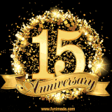 Shimmering '15 Anniversary' in gold, encased in a radiant confetti circle with a golden ribbon accent at the bottom.
