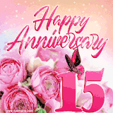 Pink peonies and butterfly adorn a 'Happy Anniversary 15' design, creating a warm and loving vibe for this milestone celebration.
