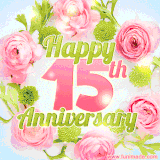 A gorgeous floral-themed 'Happy 15th Anniversary' with pink roses and green blossoms, surrounded by soft pastel accents, bringing elegance and joy.