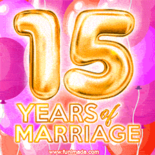 Bright '15 Years of Marriage' in shiny Bright letters, surrounded by colorful balloons on a cheerful and celebratory pink background.
