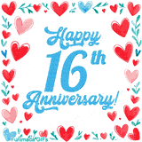 Animated 'Happy 16th Anniversary!' message in large blue text surrounded by a hand-drawn border of red, pink, and blue hearts on a white background.
