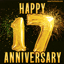 Bright golden balloons shaped like '17' with dazzling fireworks and 'Happy Anniversary' text shining on a black background.