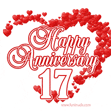 A heart-shaped design made of red hearts surrounds the elegant text 'Happy Anniversary' with the bold number '17' below.