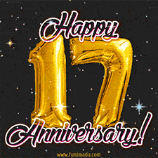 17' in golden balloon numbers and 'Happy Anniversary!' written in bold cursive, set on a shimmering starry black background.