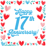 Animated 'Happy 17th Anniversary!' message in large blue text surrounded by a hand-drawn border of red, pink, and blue hearts on a white background.